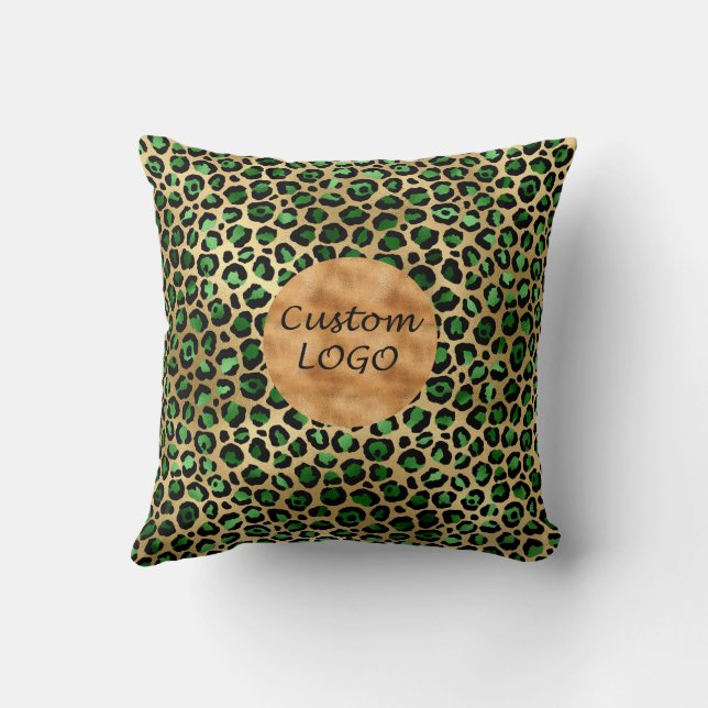 Business company logo leopard green gold throw pillow (Back)