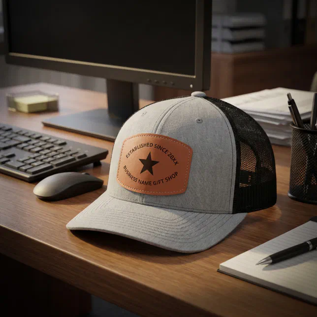 A grey, leather patch hat rests on a brown wooden table with a keyboard, mouse, monitor, and notepad pictured beside it.