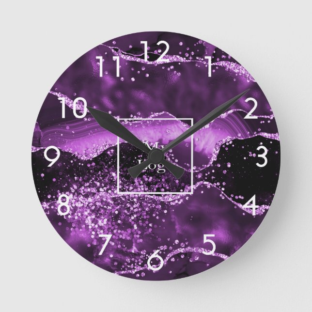 Business company logo purple agate marble pink  round clock (Front)