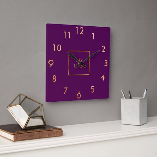 Business company logo purple gold square wall clock