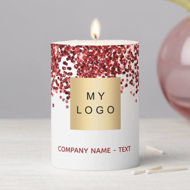 Business company logo red white confetti pillar candle (In Situ)