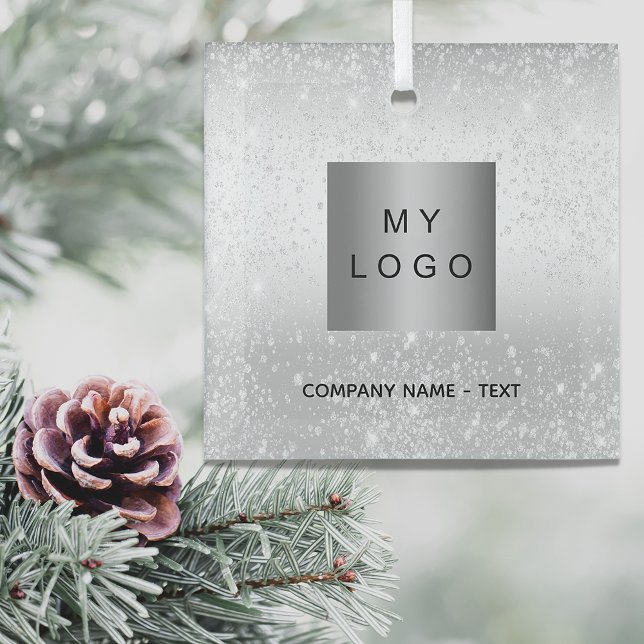 Business company logo silver glitter classic  glass ornament (Creator Uploaded)