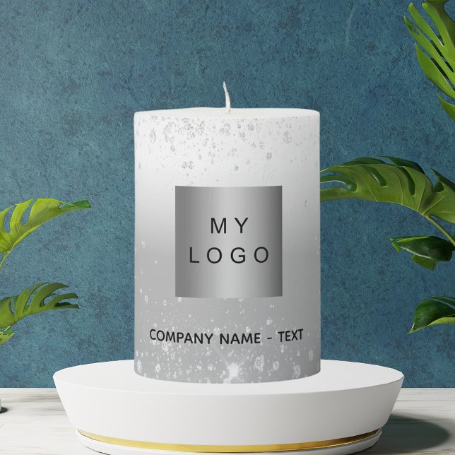 Business company logo silver glitter elegant pillar candle (Creator Uploaded)