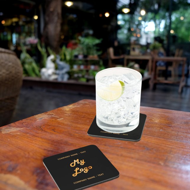 Business company logo text slogan gold black gold beverage coaster (Creator Uploaded)