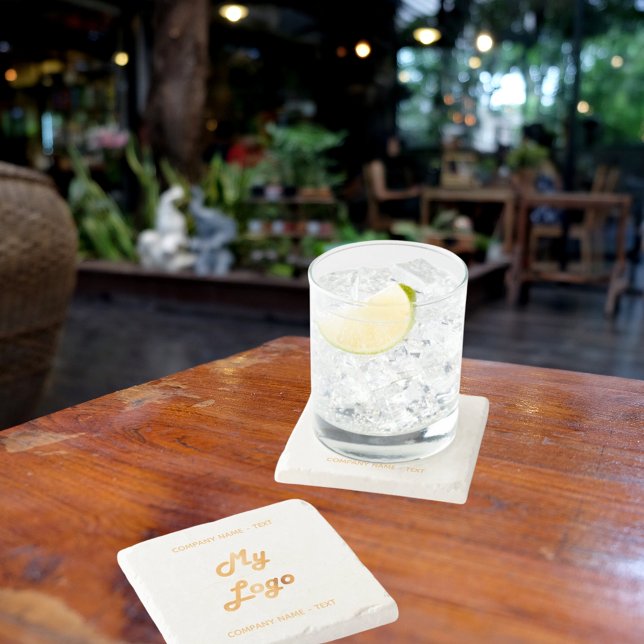 Business company logo text slogan gold stone coaster (Creator Uploaded)