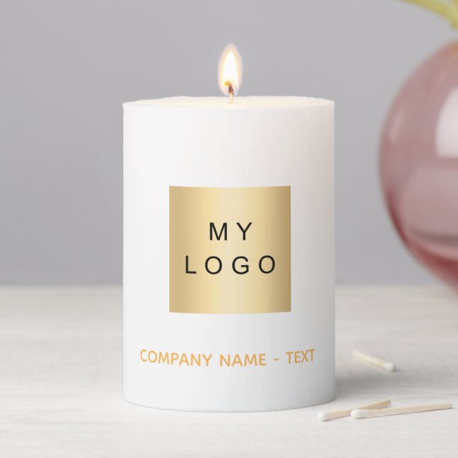 Business company logo white gold elegant pillar candle (In Situ)