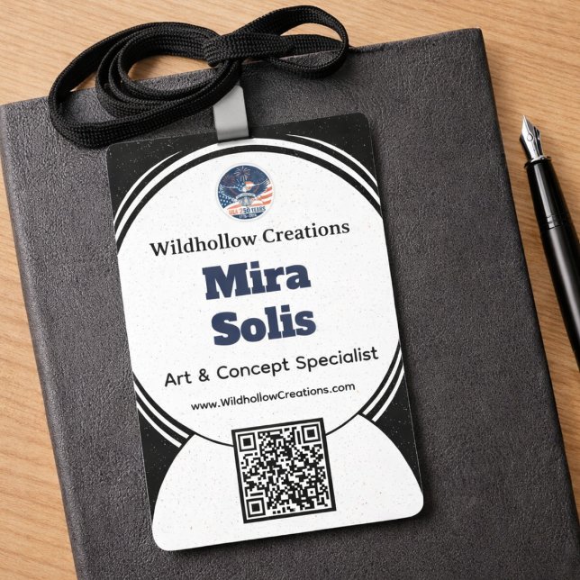 Business Conference Event Badge (Modern event badge with QR code, bold name layout, and clean professional conference design)