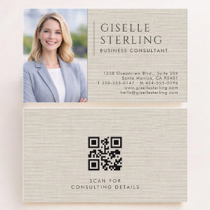 Business Consultant Linen Photo QR Code Business Card