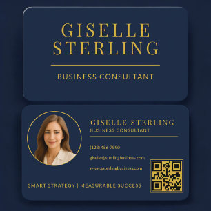 Business Consultant Navy Blue Gold Photo QR Code Business Card