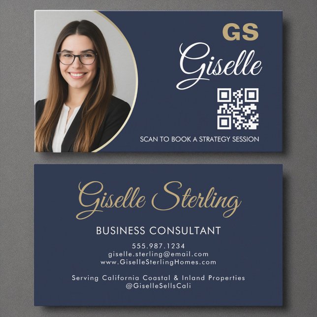 Business Consultant Navy Blue Gold Photo QR Code  Business Card (Creator Uploaded)