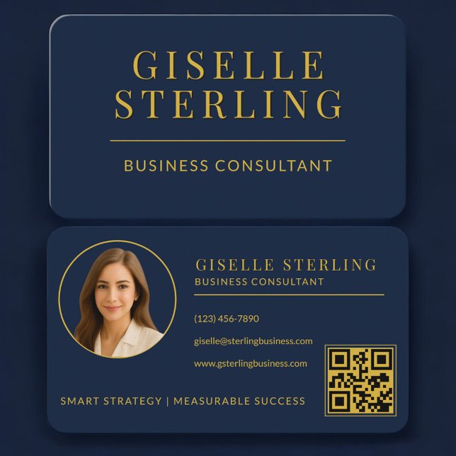 Business Consultant Navy Blue Gold Photo QR Code Card (Creator Uploaded)