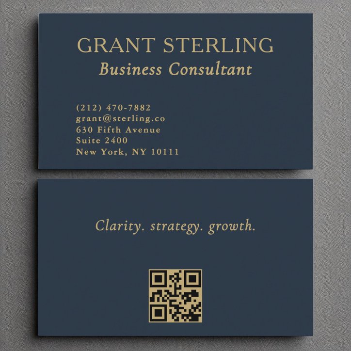 Business Consultant Navy Blue Gold QR Code Business Card