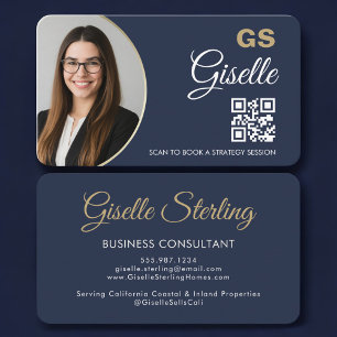 Business Consultant Photo QR Code Navy Blue Gold Card