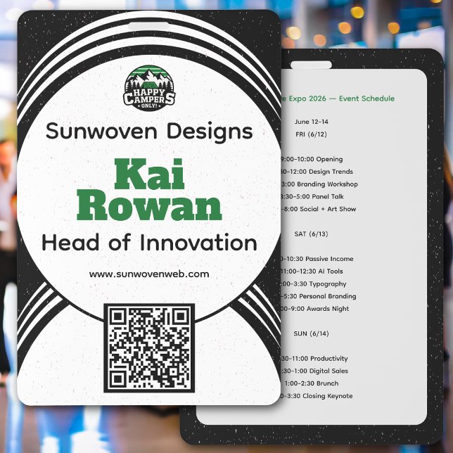 Business Convention Vendor Badge Template (Professional conference badge with bold name, QR code, and sleek modern business networking design)