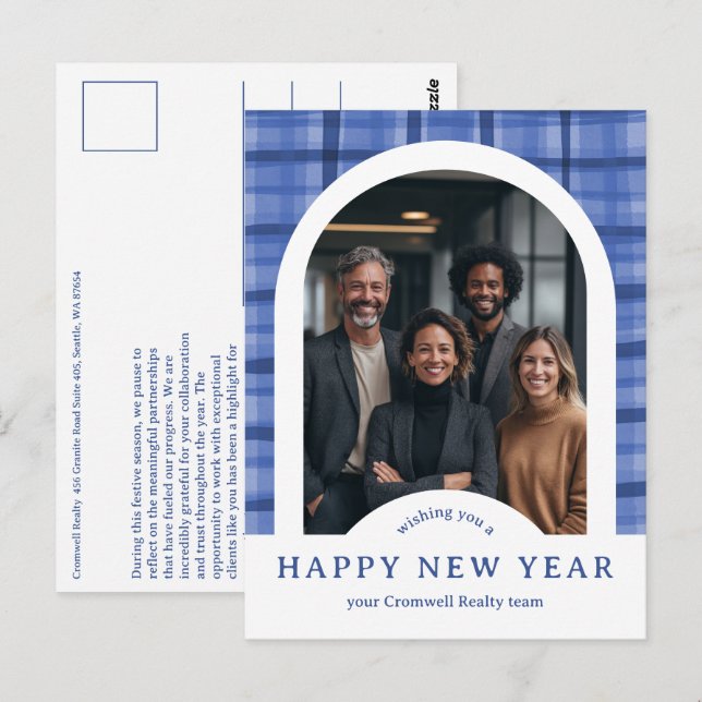 Business Corporate Holiday Plaid CUSTOM Arch PHOTO Postcard (Front/Back)