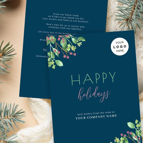 Business corporate LOGO Happy Holidays blue Holiday Card