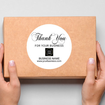 Business Corporate Thank You White Black Add Logo Classic Round Sticker by MonogrammedShop at Zazzle