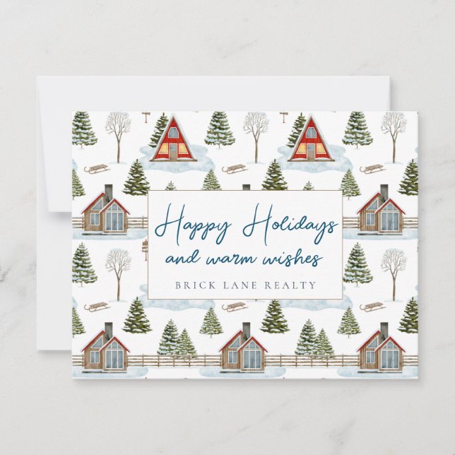 Business Cozy Winter Houses Happy Holidays  Holiday Card (Front)