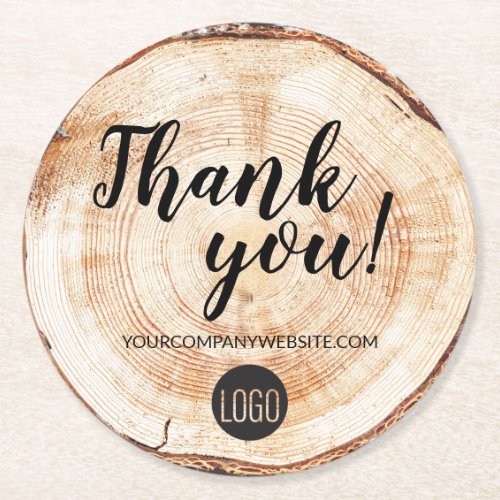 Business Custom Logo Wood Grain Thank You  Round Paper Coaster