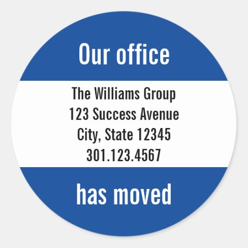 Business Dark Blue and White Moving Announcement Classic Round Sticker