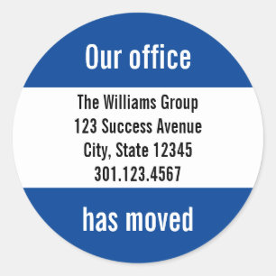 Business Dark Blue and White Moving Announcement Classic Round Sticker