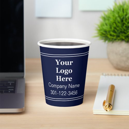 Business Dark Blue White Company Name Your Logo Paper Cups