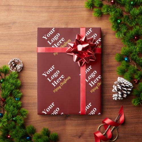 Business Dark Red and Gold Merry Christmas Logo Wrapping Paper