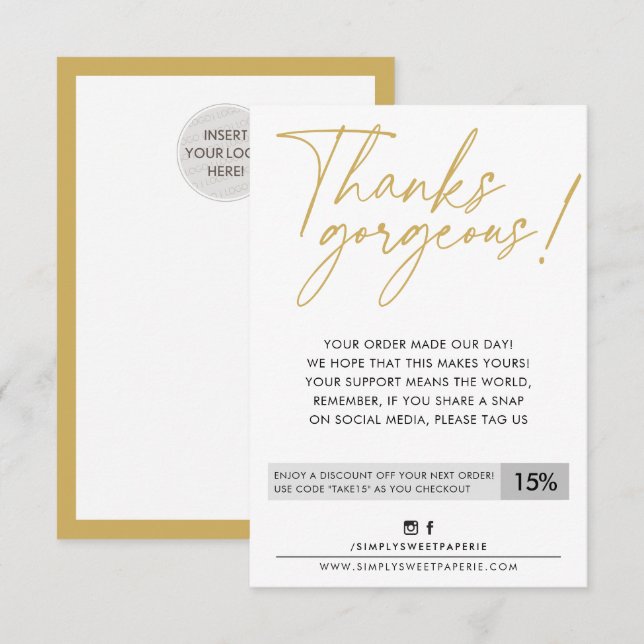 BUSINESS DISCOUNT modern cute ball pen old gold Thank You Card (Front/Back)