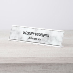 Business Elegant Faux White Marble Name Job Title Desk Name Plate