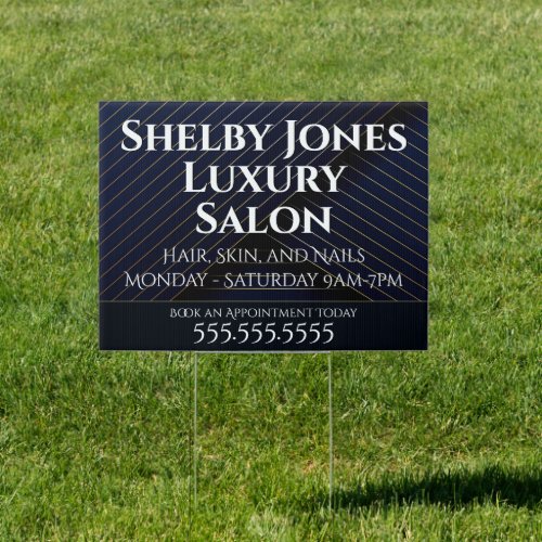 Business Elegant Navy Blue Gold Hair Salon Hours Sign