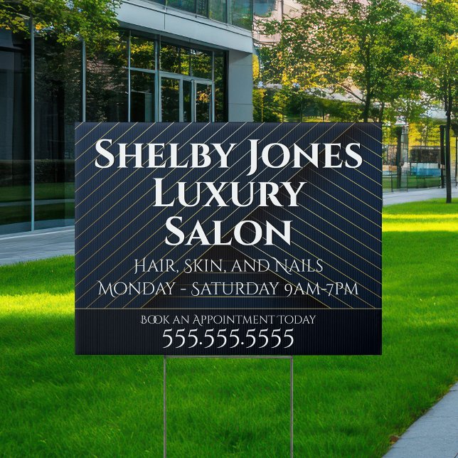 Business Elegant Navy Blue Gold Hair Salon Hours Sign (Creator Uploaded)