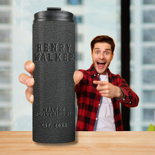 Business Embossed Black Vegan Leather Thermal Tumbler