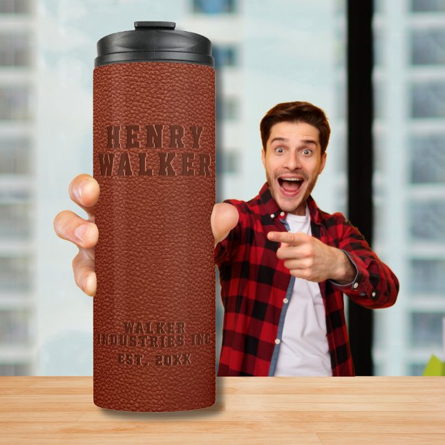 Business Embossed Brown Vegan Leather Thermal Tumbler (Creator Uploaded)