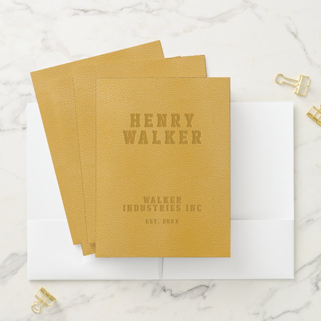 Business Embossed Gold Yellow Vegan Leather Pocket Folder (In Situ)