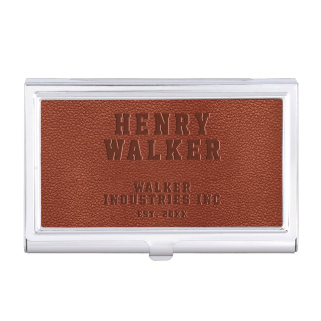 Business Embossed Personalized Brown Vegan Leather Card Case (Front)
