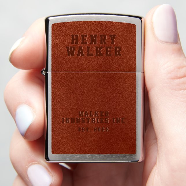 Business Embossed Personalized Brown Vegan Leather Zippo Lighter (In Hand)