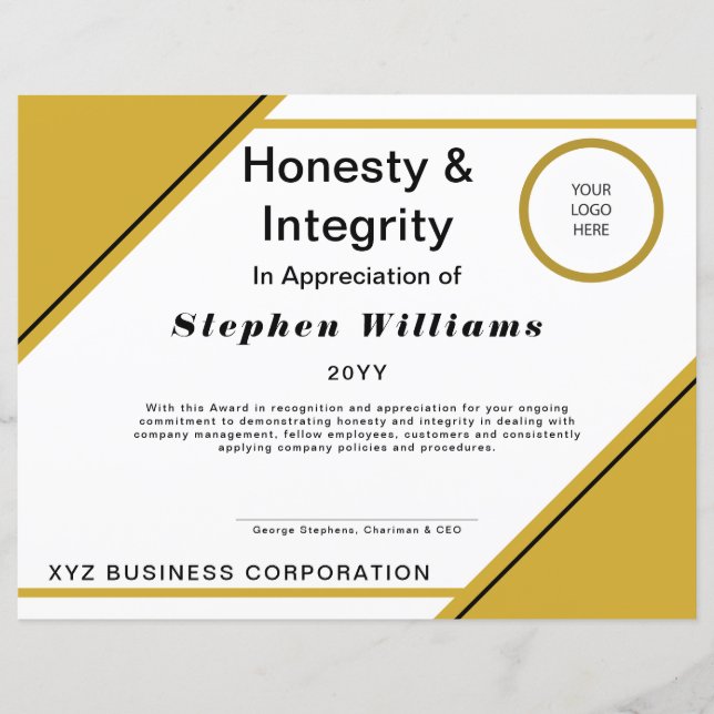 Business Employee Honesty and Integrity Award (Front)