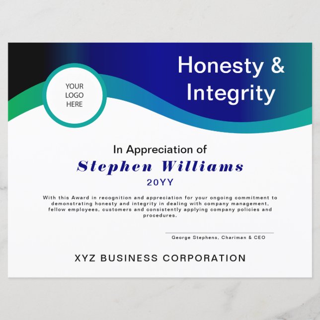 Business Employee Honesty and Integrity Award (Front)