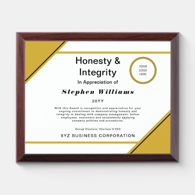 Business Employee Honesty and Integrity Award Plaque (Horizontal)