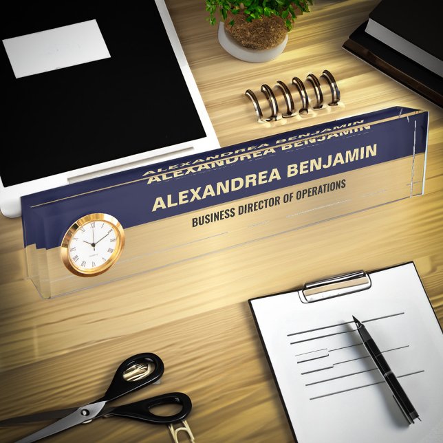 Business Employee Logo Gold Blue Modern Custom Desk Name Plate (Business Employee Logo Gold Blue Modern Custom Desk Name Plate is great as a gift to professional. )