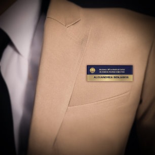 Business Employee Logo Modern Gold Navy Blue Name Tag