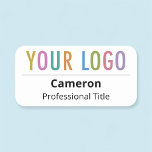 Business Employee Name Tag Company Logo Magnetic<br><div class="desc">Easily personalize this rounded corners name tag with your company logo, employee name, job title, or other custom text. It's available with a magnetic back fastener (do not use with pacemakers) or with a safety pin back. You can customize the white background color. Available in other shapes. The medium rectangle...</div>