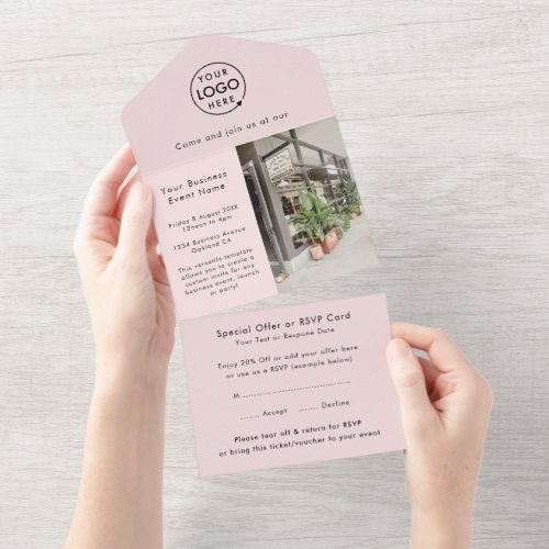 Business Event  Blush Pink Modern Simple Photo All In One Invitation
