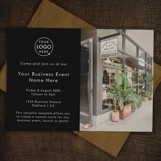 Business Event Invitation | 5x7 Photo Logo Black (Stylish black photo business event invitation by Guava - sleek, modern, and customizable)