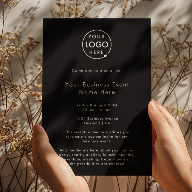 Business Event Invitation | Black Logo Invites (Modern stylish black business event invitation template by Guava - sleek, clean, and customizable)