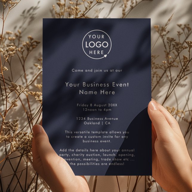 Business Event Invitation | Navy Blue Logo Invites (Modern stylish navy blue business event invite template by Guava - sleek, clean, and customizable)