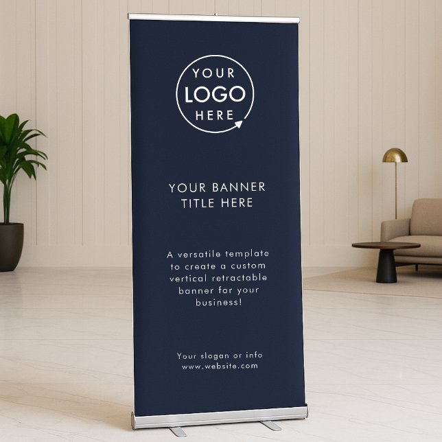 Business Event | Navy Blue Modern Minimalist Logo Retractable Banner (Navy blue company branded retractable roller banner signage for business promotion & marketing.)
