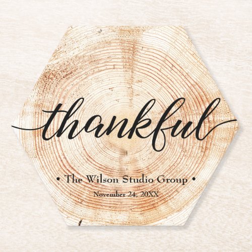 Business Event Thankful Script Wood Slice Rustic Paper Coaster