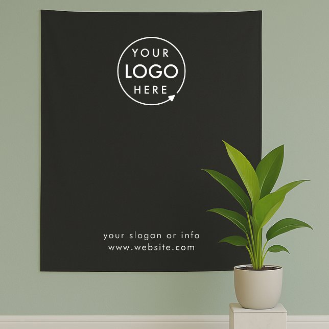 Business Event | Your Logo Black Photo Backdrop  (Sleek black company branded backdrop tapestry fabric drape signage for small business promotion.)