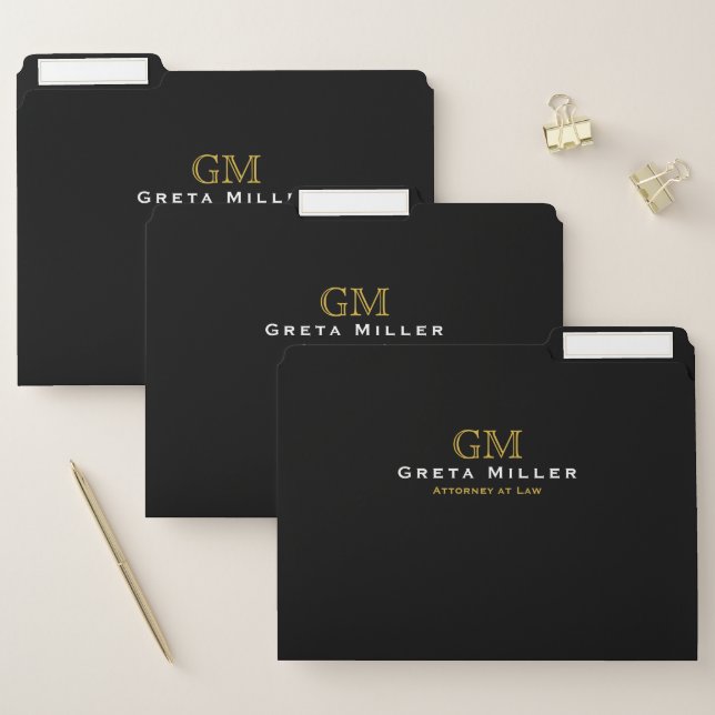 Business Executive Elegant Black Gold Monogram File Folder (Set)